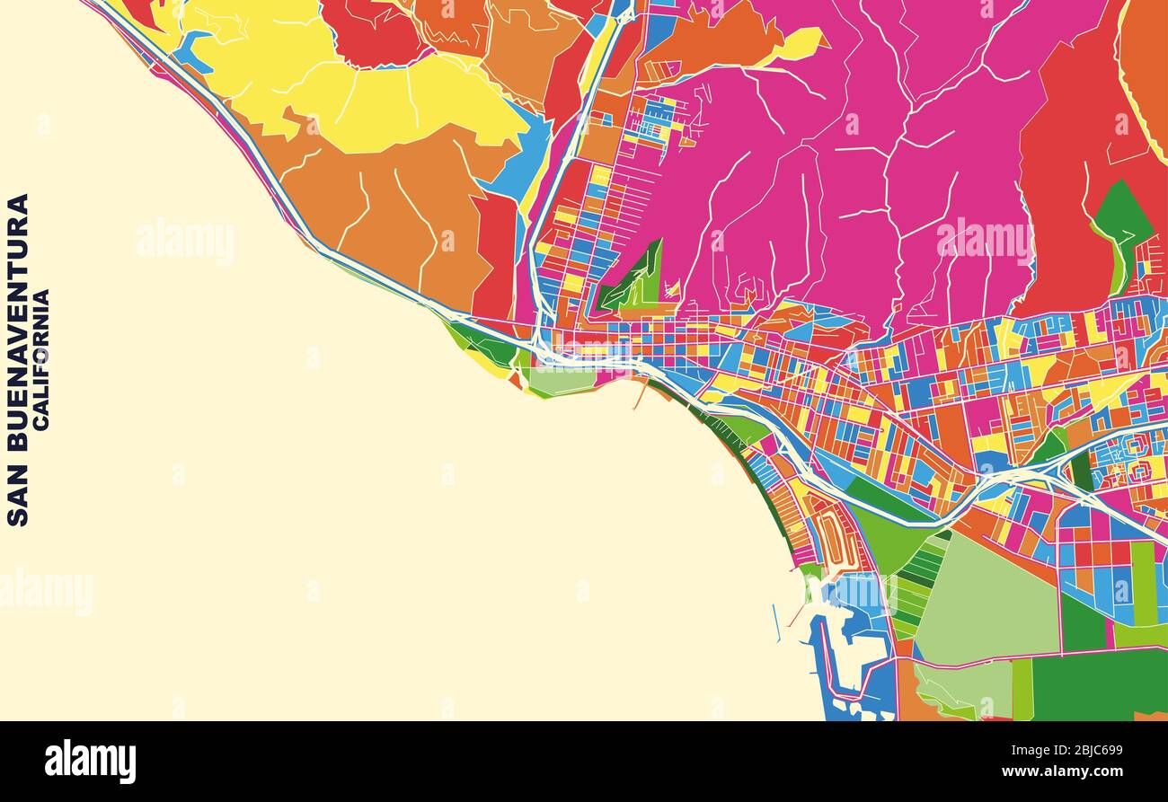 Colorful vector map of San Buenaventura, California, USA. Art Map template for selfprinting wall art in landscape format. Stock Vector