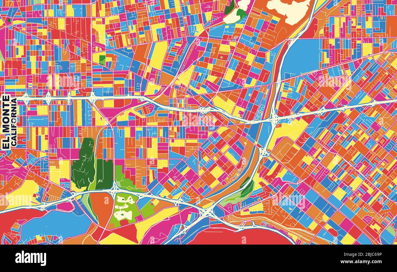 Colorful vector map of El Monte - Colorful Vector Map Of El Monte California Usa Art Map Template For Selfprinting Wall Art In Landscape Format 2BJC69P