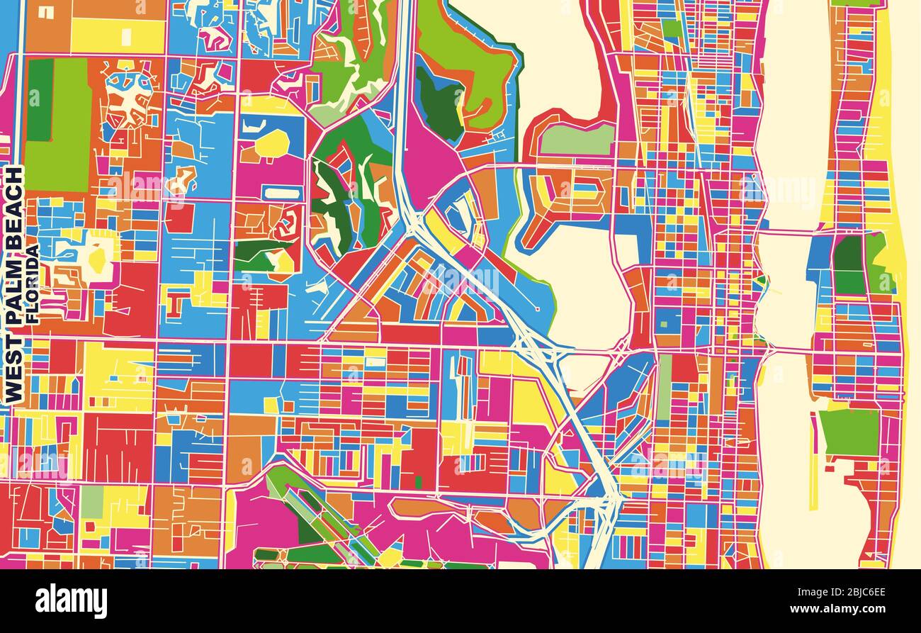 Colorful vector map of West Palm Beach, Florida, USA. Art Map template ...