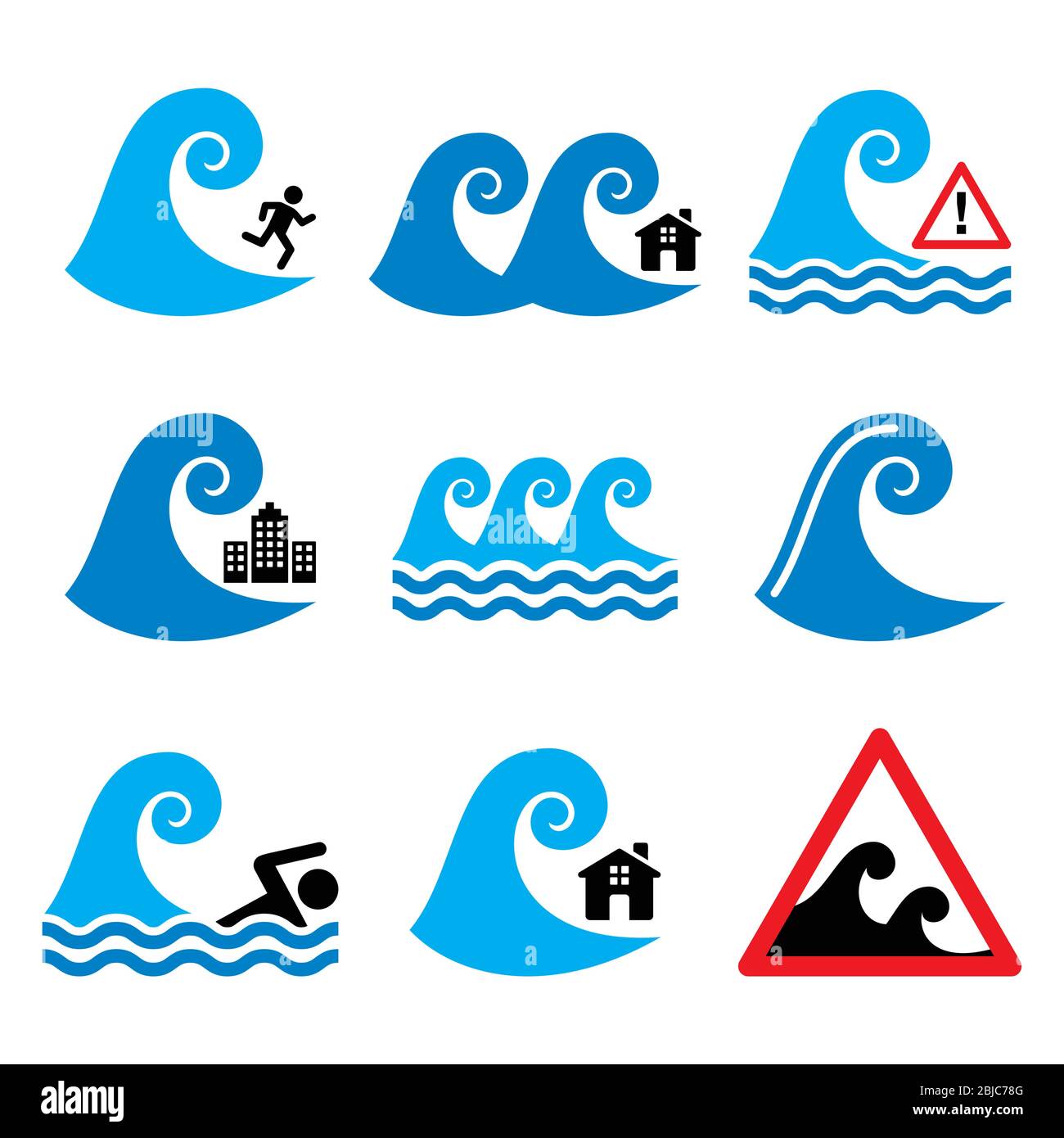 Tsunami, big wave warning, natural disaster icons set - global warning, nature concept, vector color icons set - waves, tsunami, big water isolated o Stock Vector