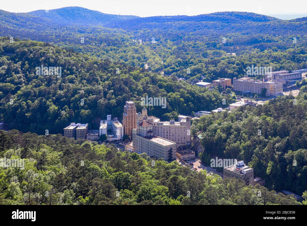 The tall Medical Arts Building & the Arlington Hotel are seen to the south from the Hot Springs Mountain Tower, Hot Springs NP, Arkansas, USA Stock Photo