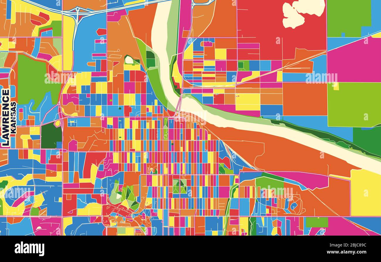 Colorful vector map of Lawrence, Kansas, USA. Art Map template for selfprinting wall art in landscape format. Stock Vector
