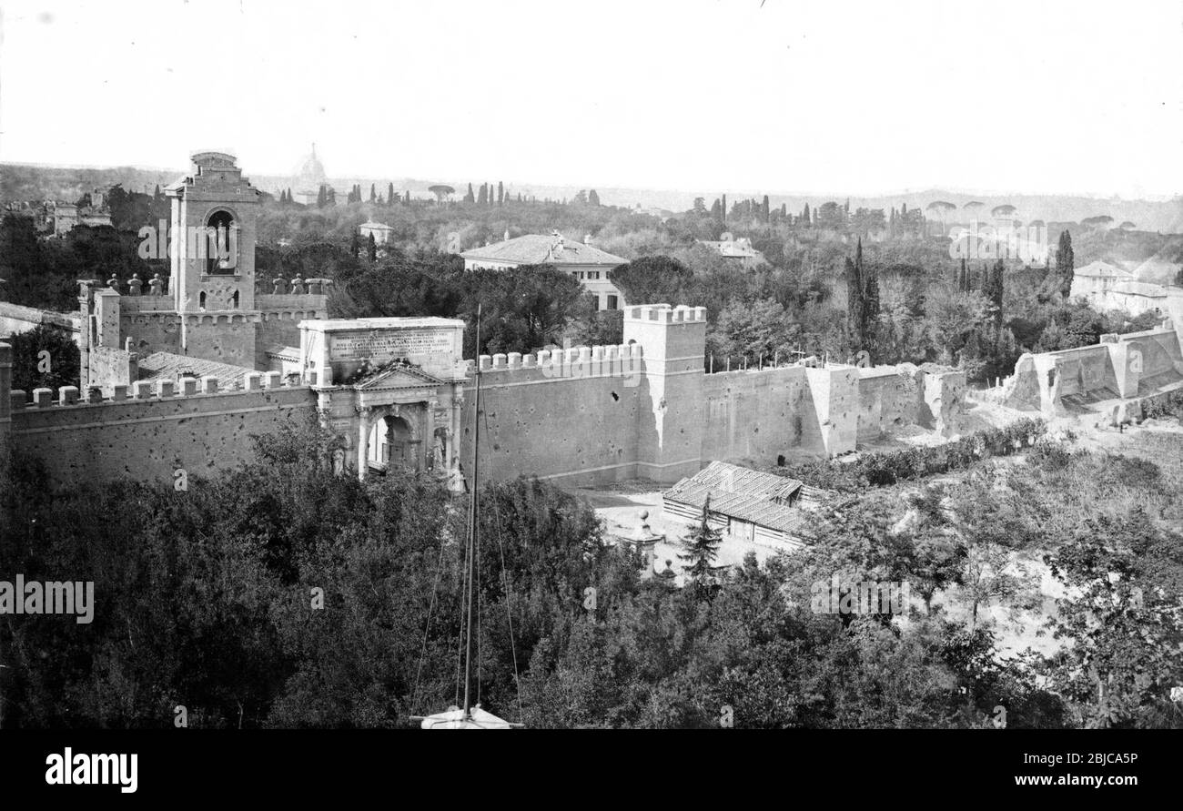 The breach of Porta Pia, on the right, in a contemporaneous photograph following the Capture of Rome in 1870. Stock Photo