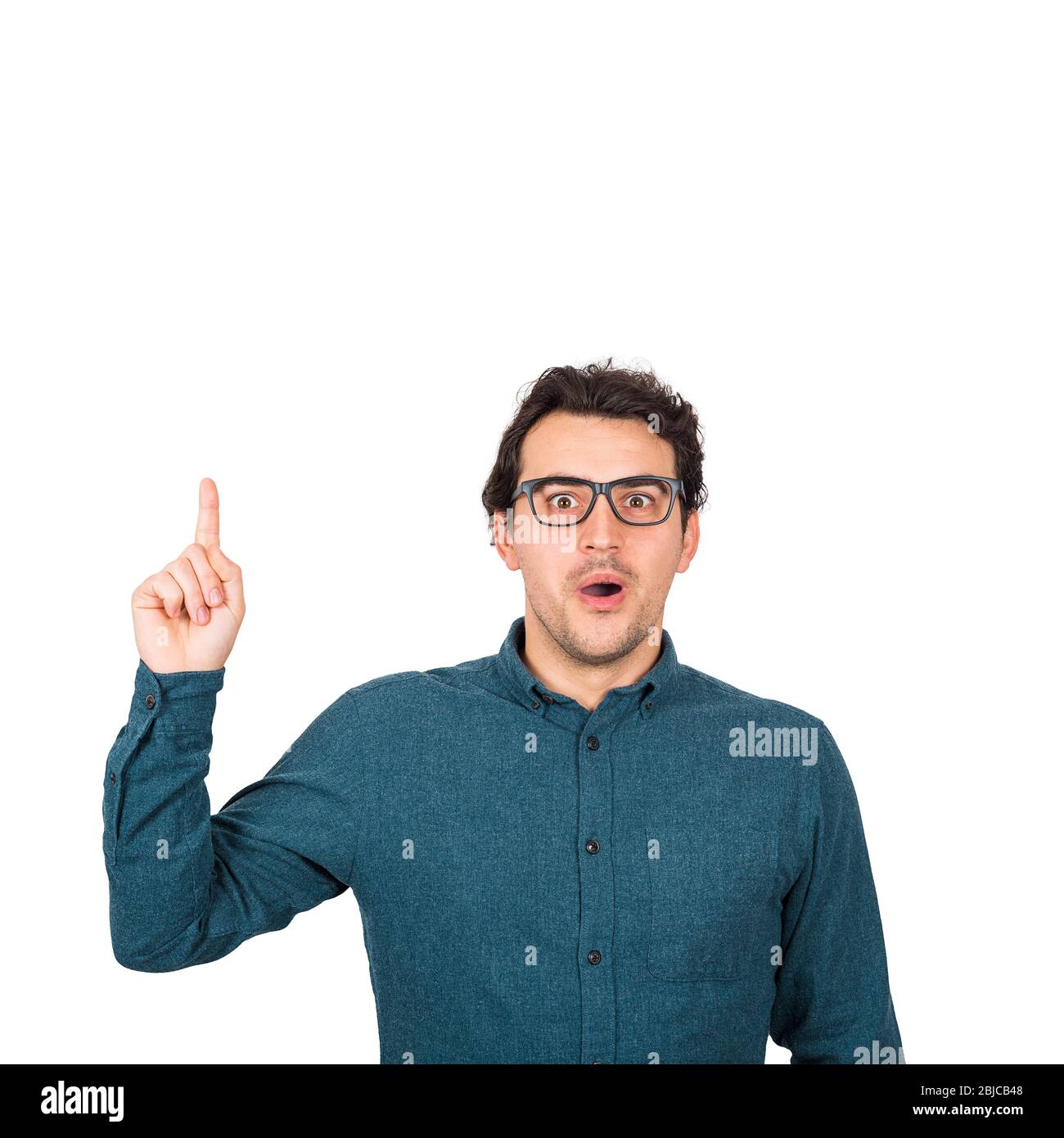 Shocked businessman, big eyes pointing up index finger, isolated on white background with copy space. Surprised business worker, wearing glasses, show Stock Photo