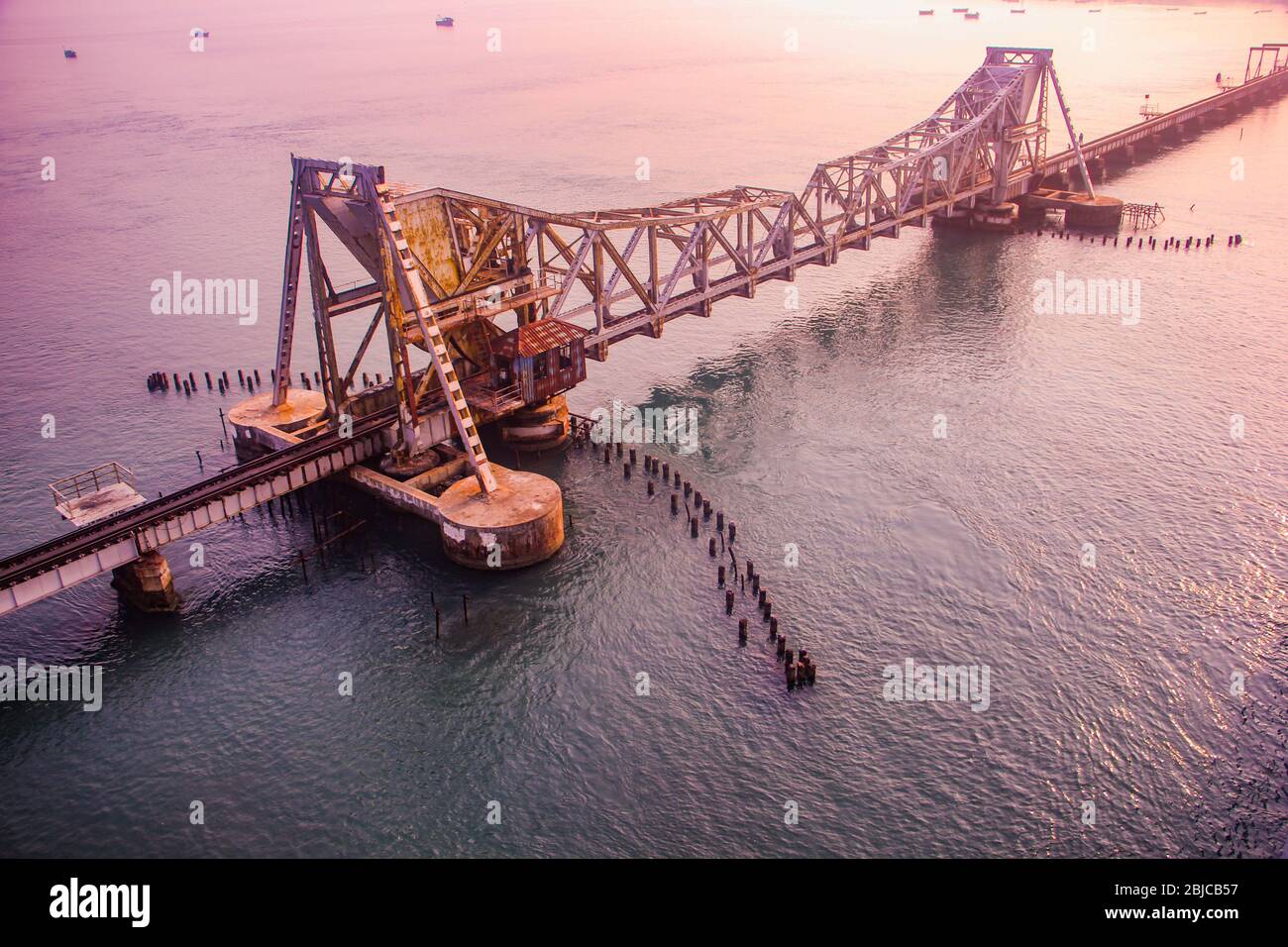 Pamban Bridge is a railway bridge which connects the town of Mandapam in mainland India with Pamban Island in Rameswaram. Stock Photo