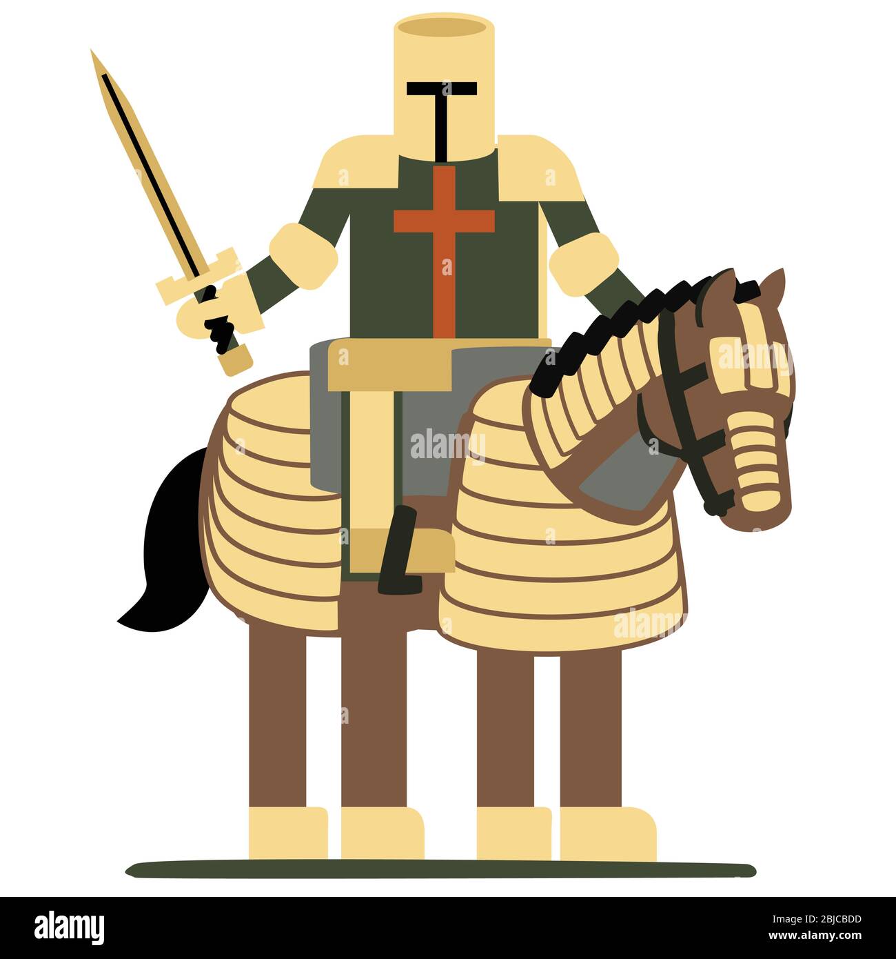 Light colored knight in helmet & armor  on a horse with mail protection, with sword Stock Vector