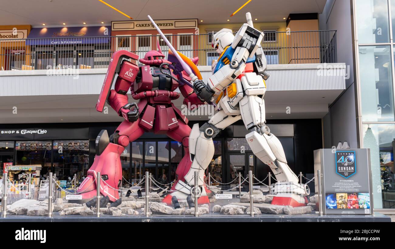 Gundam and Char's Zaku statues in front of Gundam Square, located in EXPOCITY, Suita, Osaka, Japan Stock Photo