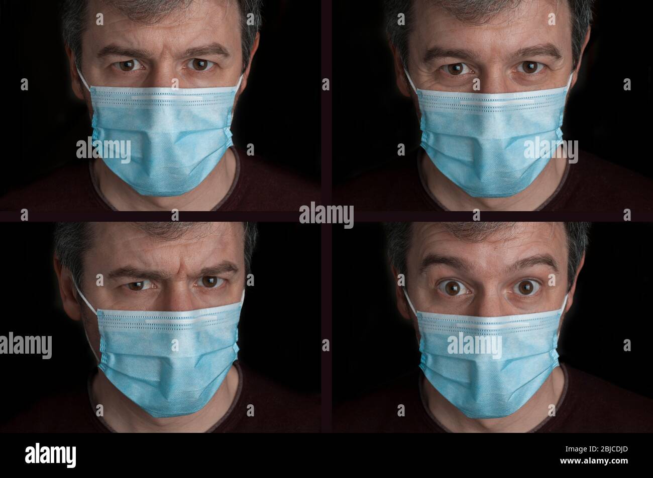 Photo collage of a white man making angry, happy, wary and surprised face while wearing a surgical mask Stock Photo