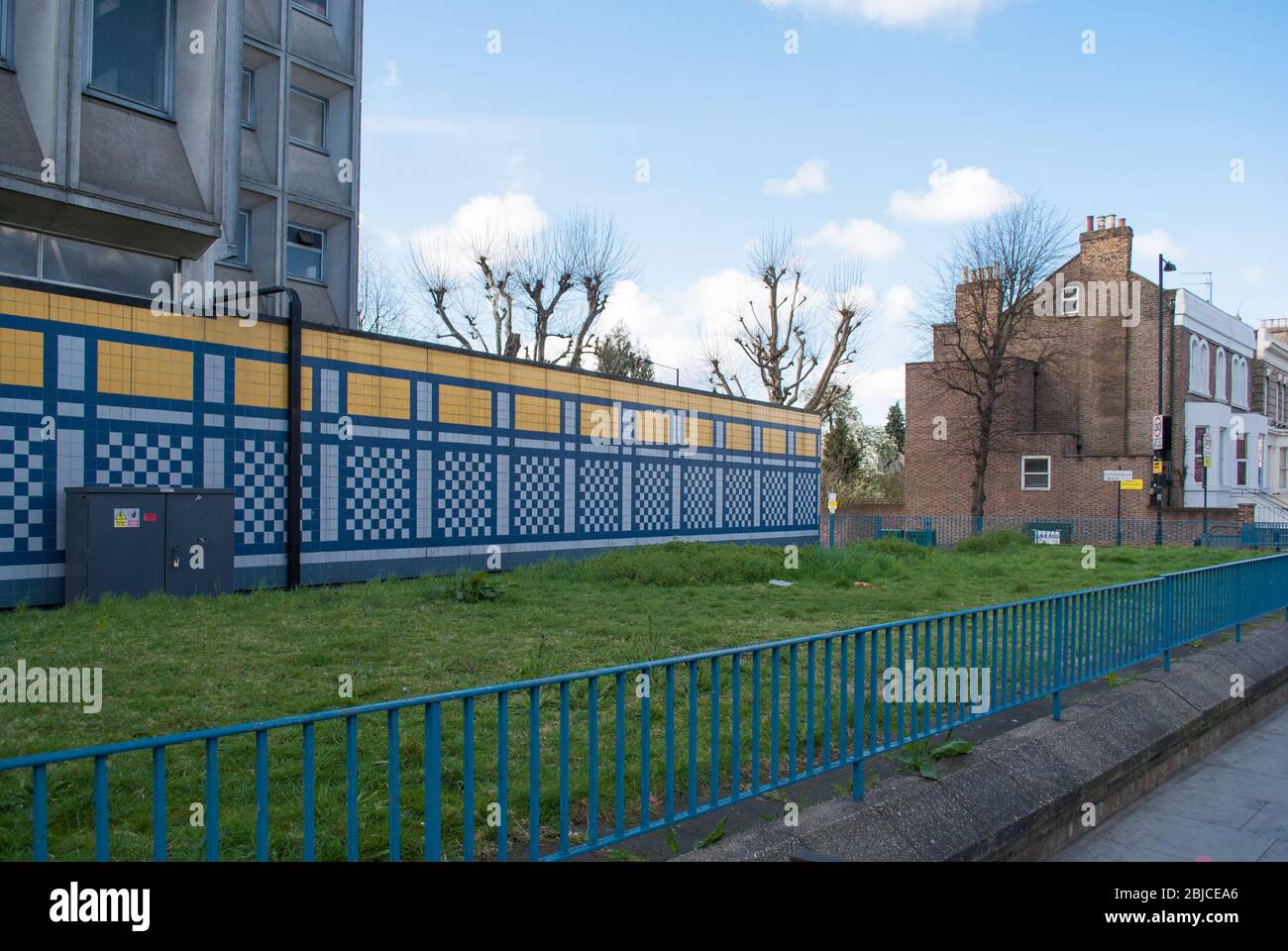 Blue & Yellow Mosaic Tiled Wall Squares Geometric Tiles Concrete