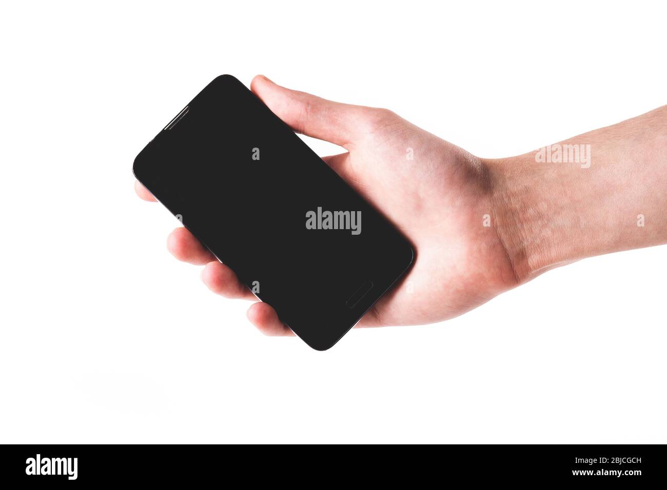 Simple modern smartphone held in hand, blank empty black screen. Object isolated on white background, cut out. Showing something on a mobile phone Stock Photo