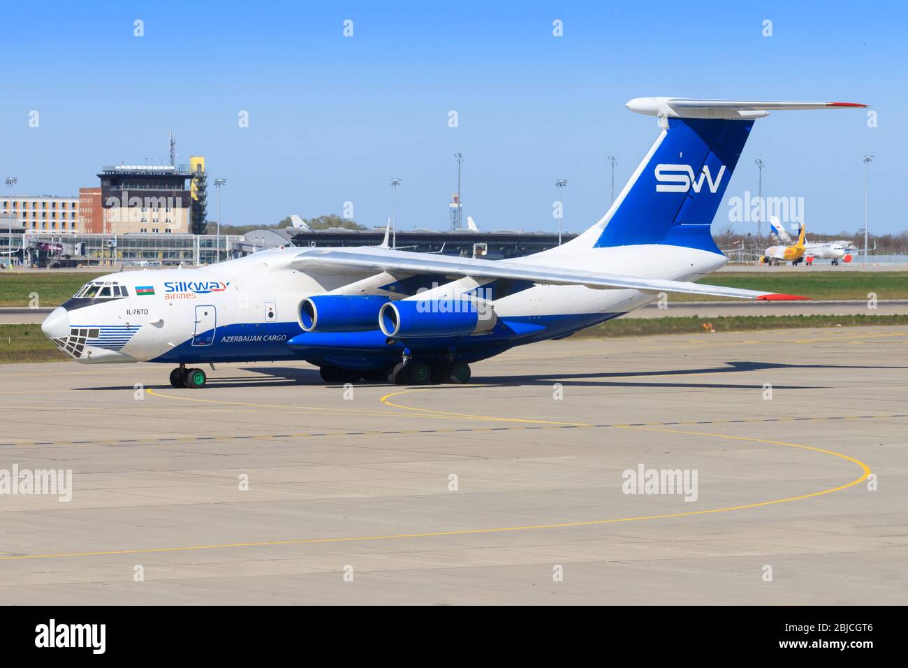 Leipzig, Germany – April 7, 2020: SILKWAY IL 76 airplanes during Coronavirus Corona Stock Photo