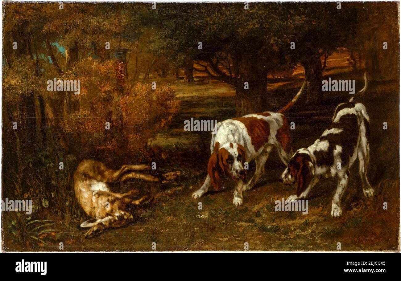 Gustave Courbet, Hunting Dogs with Dead Hare, painting, 1857-1861 Stock Photo