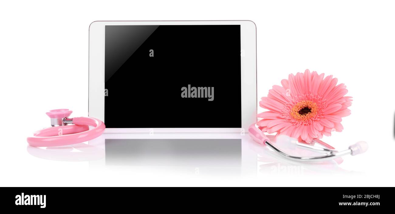 Tablet with stethoscope and flower on white background Stock Photo - Alamy