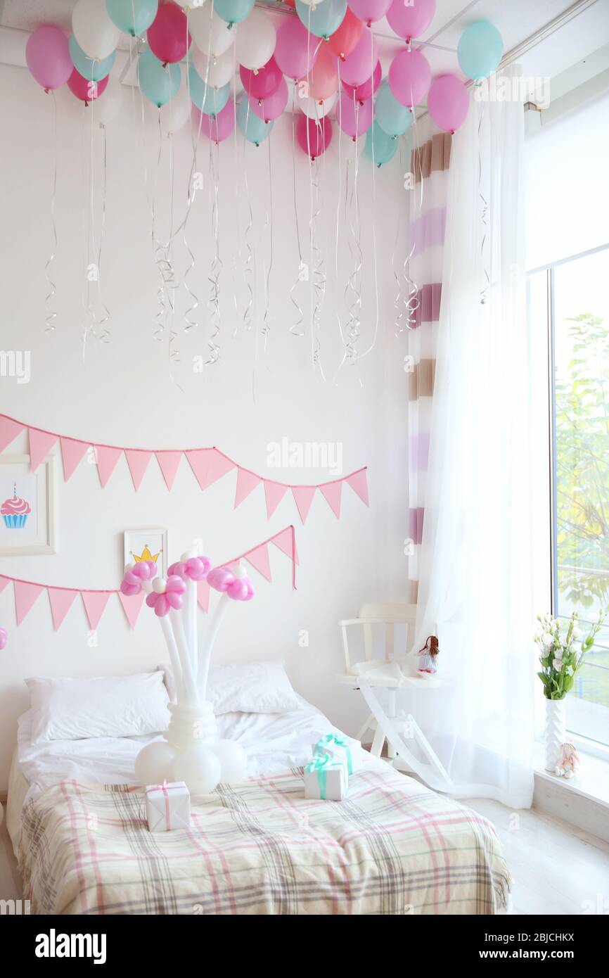 Interior of beautiful room decorated for birthday party Stock Photo - Alamy