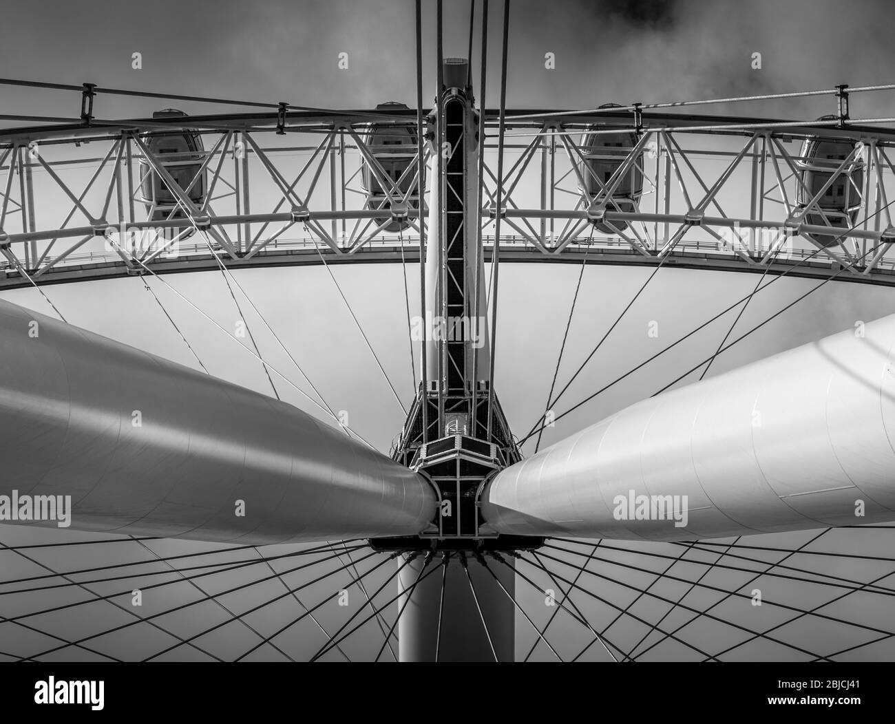 Low angle shot of London Eye,UK. Steel structure. Touristic  attraction in London. Stock Photo