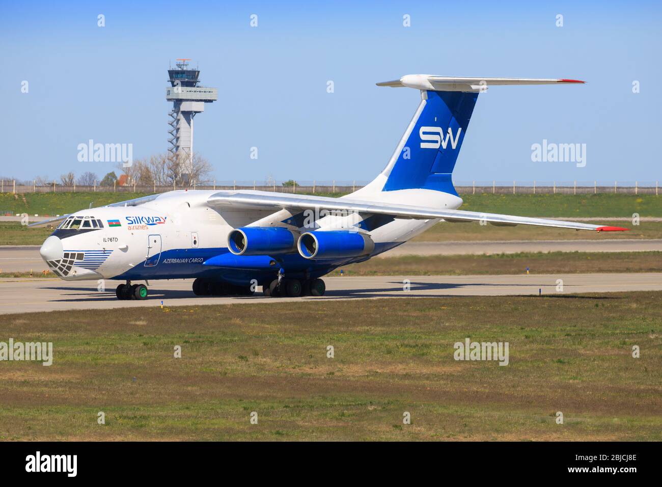 Leipzig, Germany – April 7, 2020: SILKWAY IL 76 airplanes during Coronavirus Corona Stock Photo
