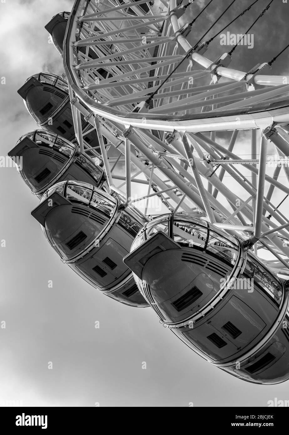 Low angle of London  Eye,UK. Steel structure. Ferry wheel. Stock Photo