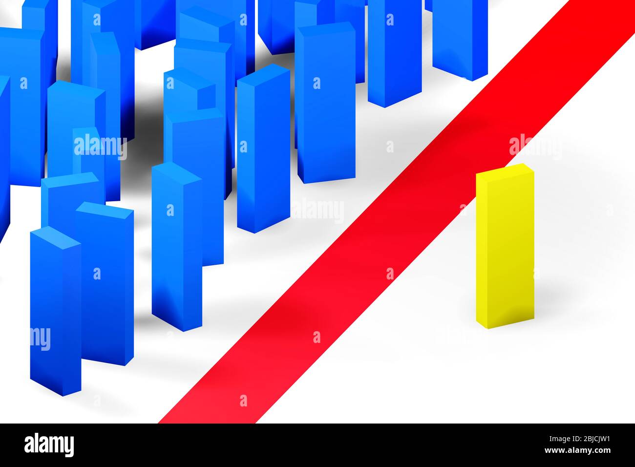 Separated from the group, crowd, one lone piece on the other side of the red border, crossing the line abstract psychology concept, split, alienation Stock Photo