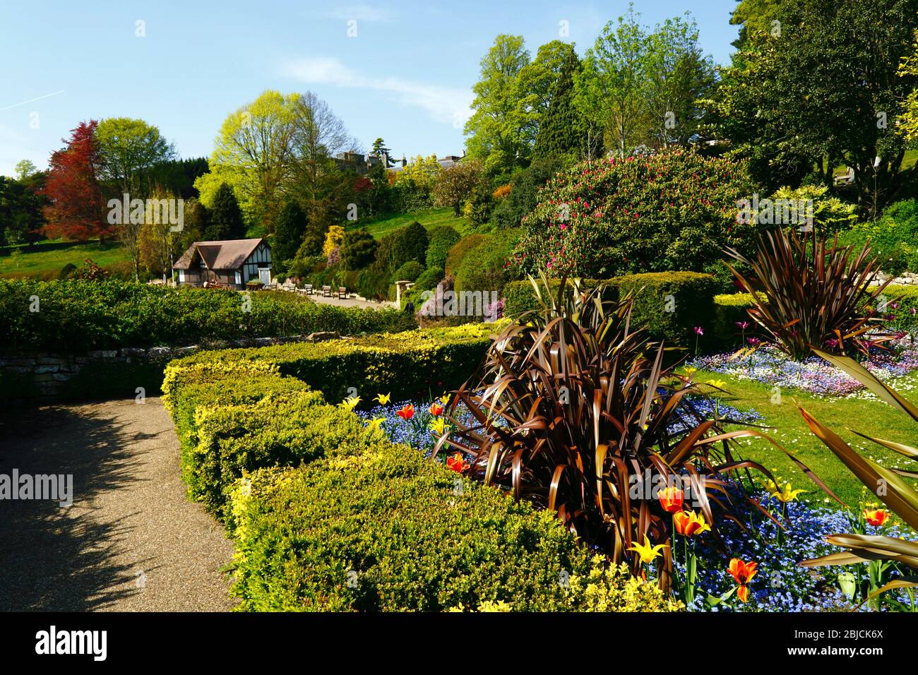 Flower bed in sunken garden in Calverley Grounds, Royal Tunbridge Wells, Kent, England Stock