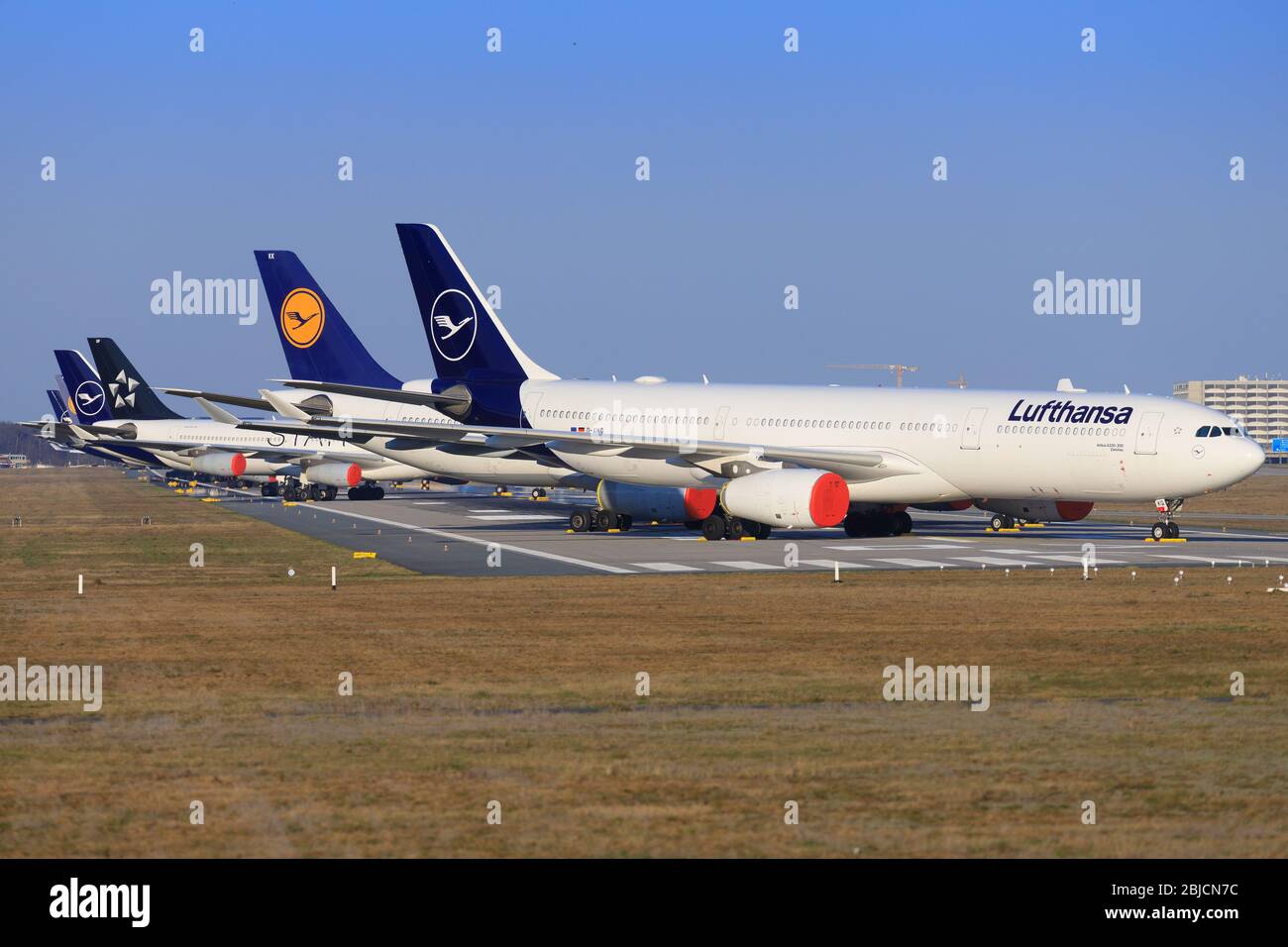 Frankfurt, Germany – April 7, 2020: Lufthansa airplanes during Coronavirus Corona Virus COVID-19 at Frankfurt  Airport in Germany Stock Photo