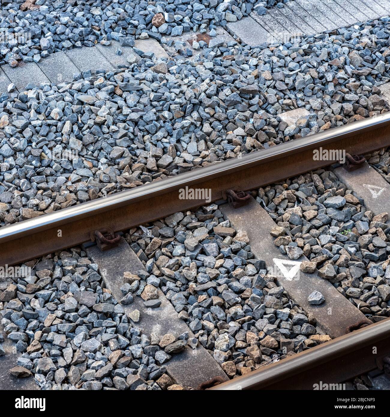 Japan, Railway train track and Pebbles Stock Photo