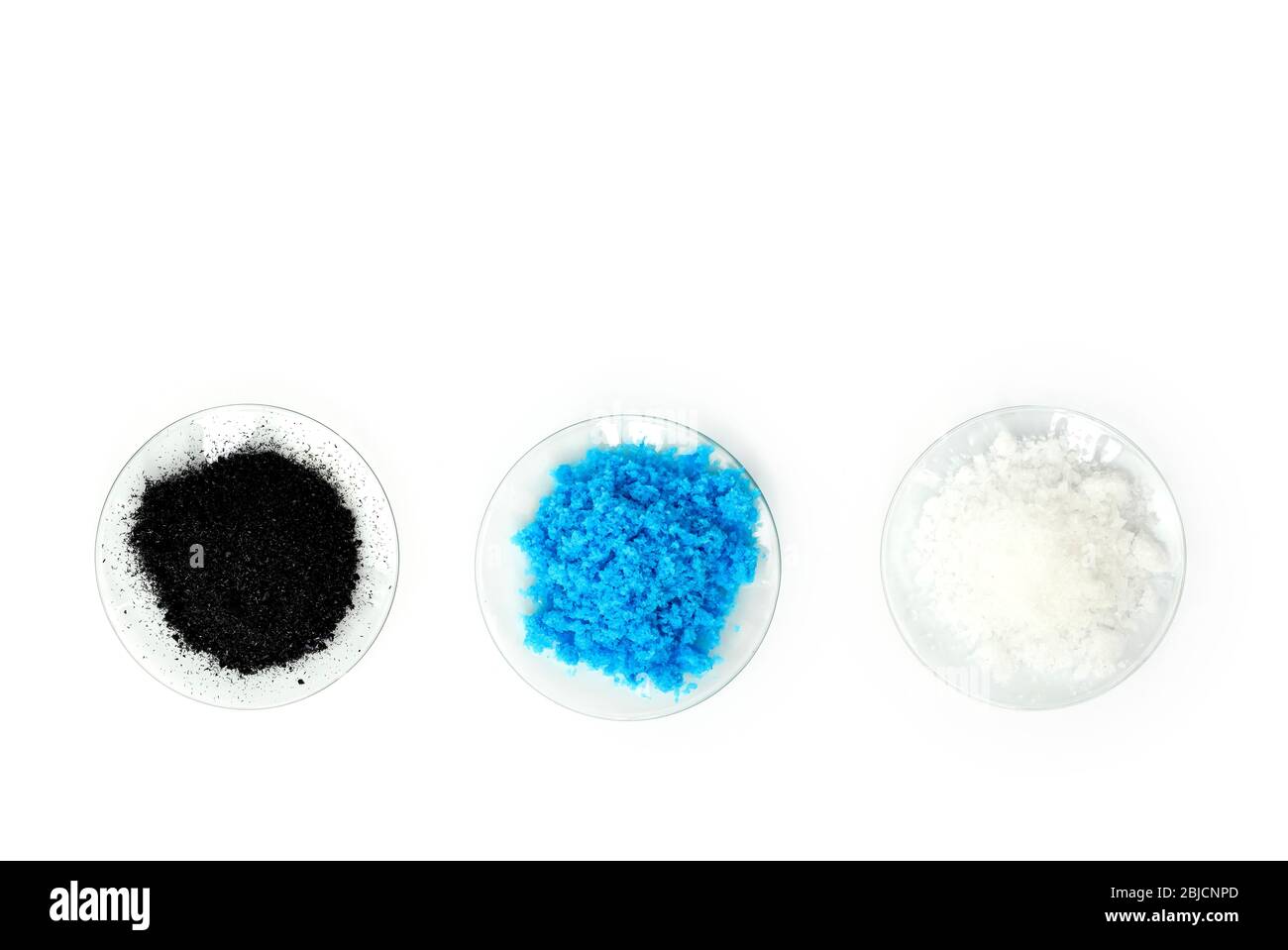 Cosmetic chemicals ingredient on laboratory table. Copper(II) sulfate, Potassium chloride