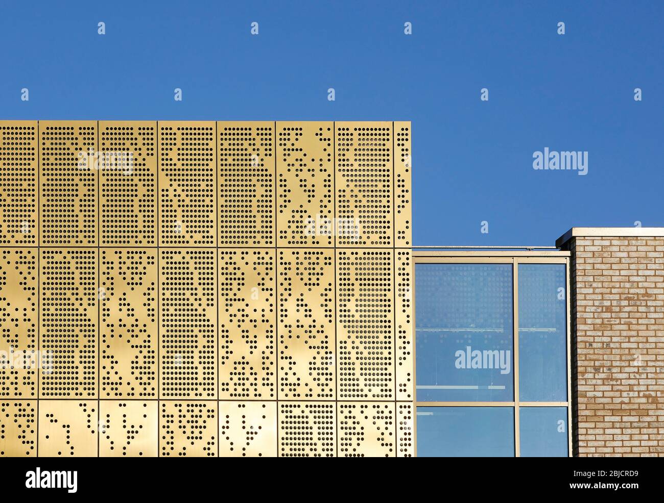 Detail of copper alloy facade and window glazing. Mulberry Park