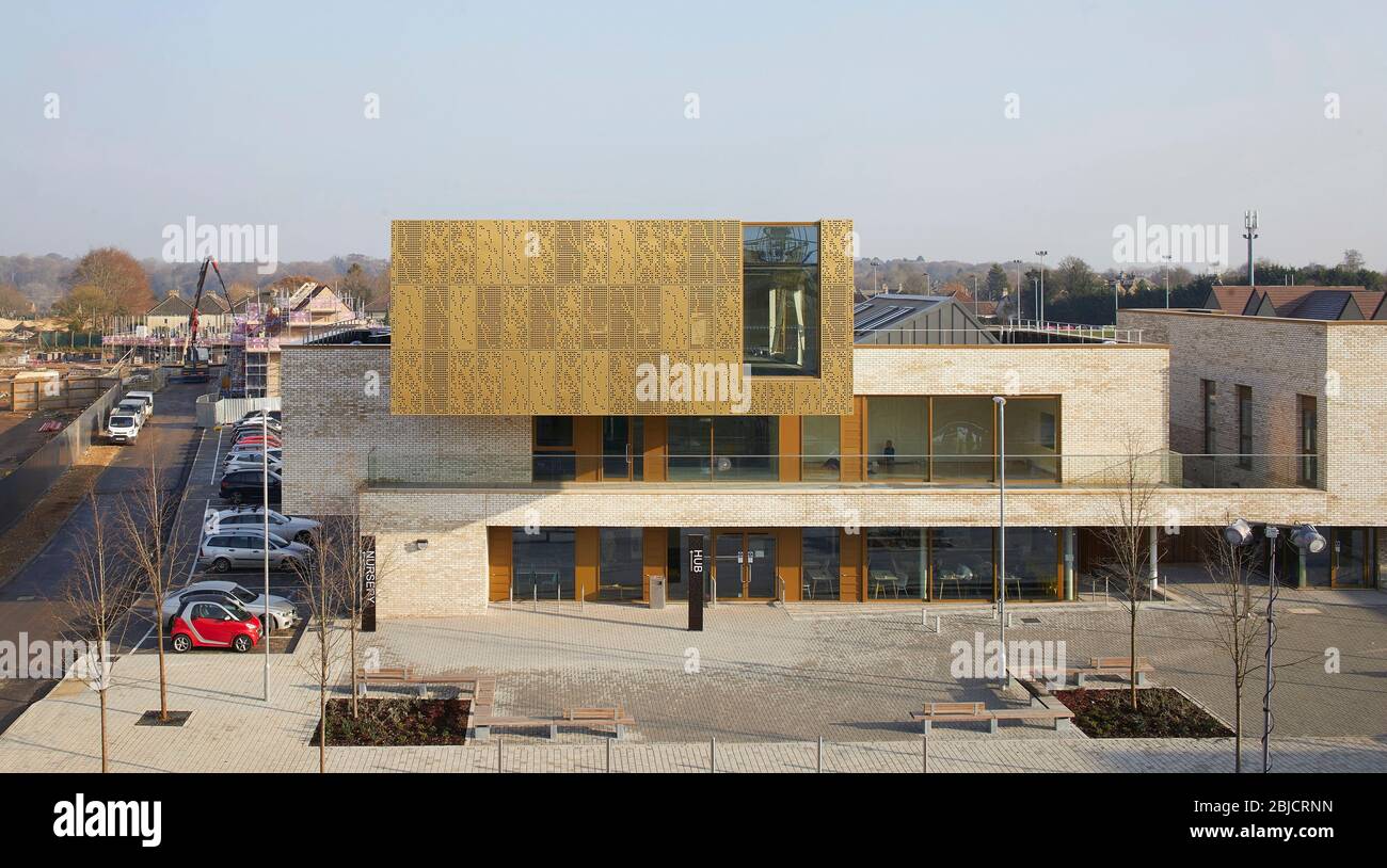 Front view with ground floor cafe, hub entrance and landscaped public