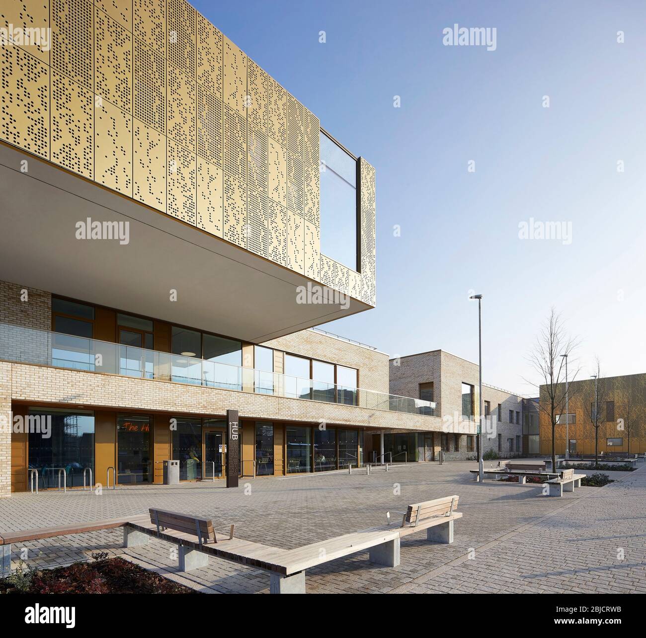 Oblique view with ground floor cafe, hul entrance and landscaped public