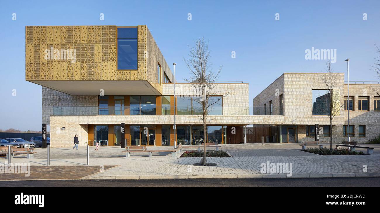 Front view with ground floor cafe, school entrance and landscaped