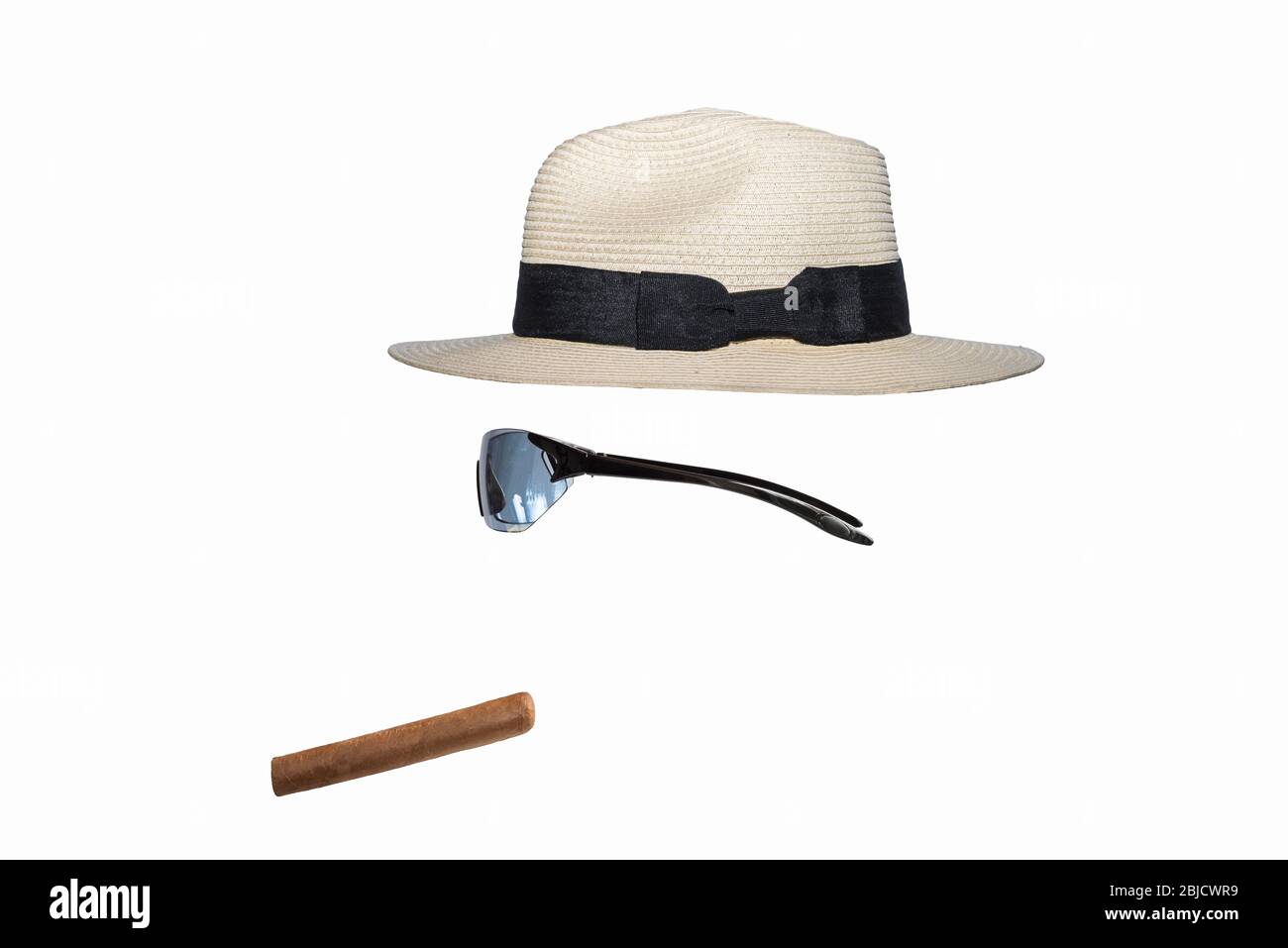 Panama hat,  sun glasses, Concept:  invisible man, Modern man, fashion,  man of the world, suave, hollow, transparent, brainless, focussed, exotic. Stock Photo