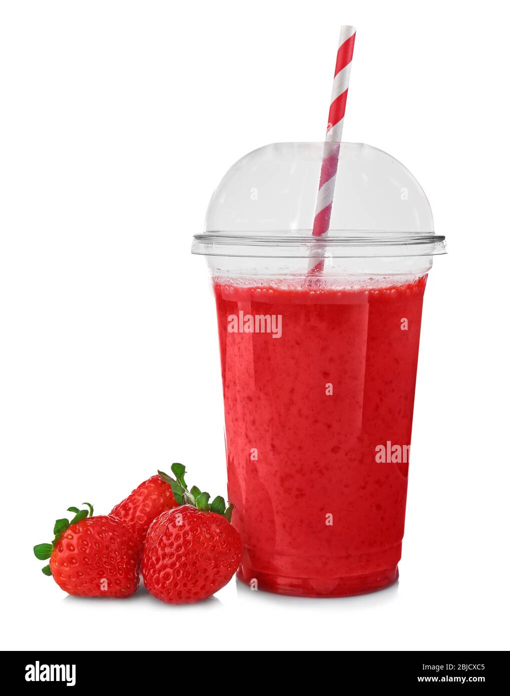 Strawberry Milkshake In Takeaway Cup And Straw Isolated On White