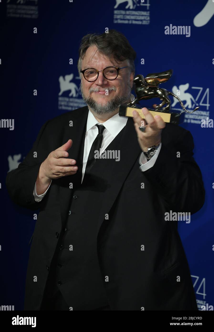 Venice, Italy. 09 September, 2017: Guillermo del Toro poses with the Golden Lion for Best Film Award for 'The Shape Of Water' Stock Photo