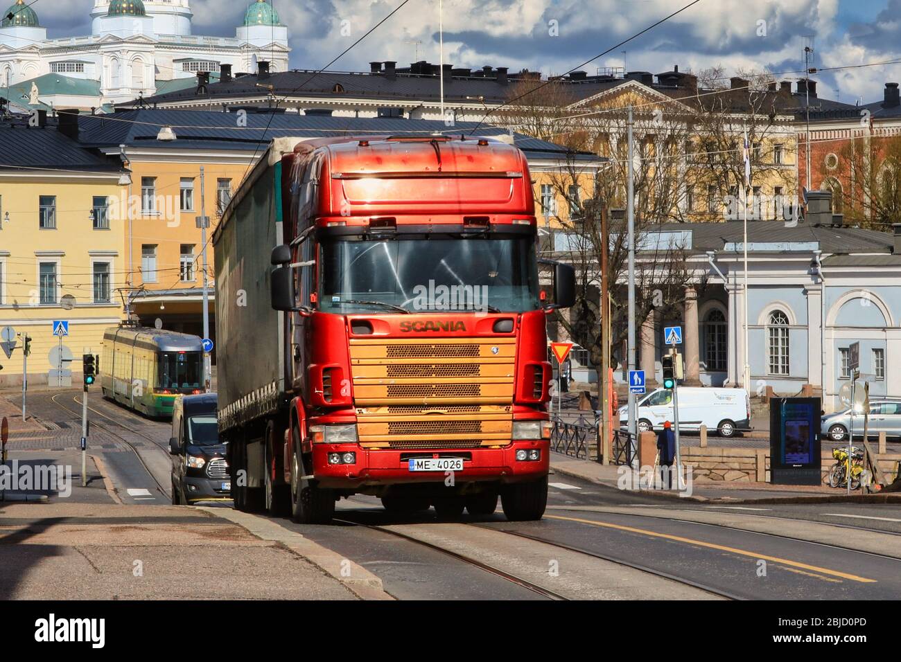 Red and gold 4-series Scania truck 