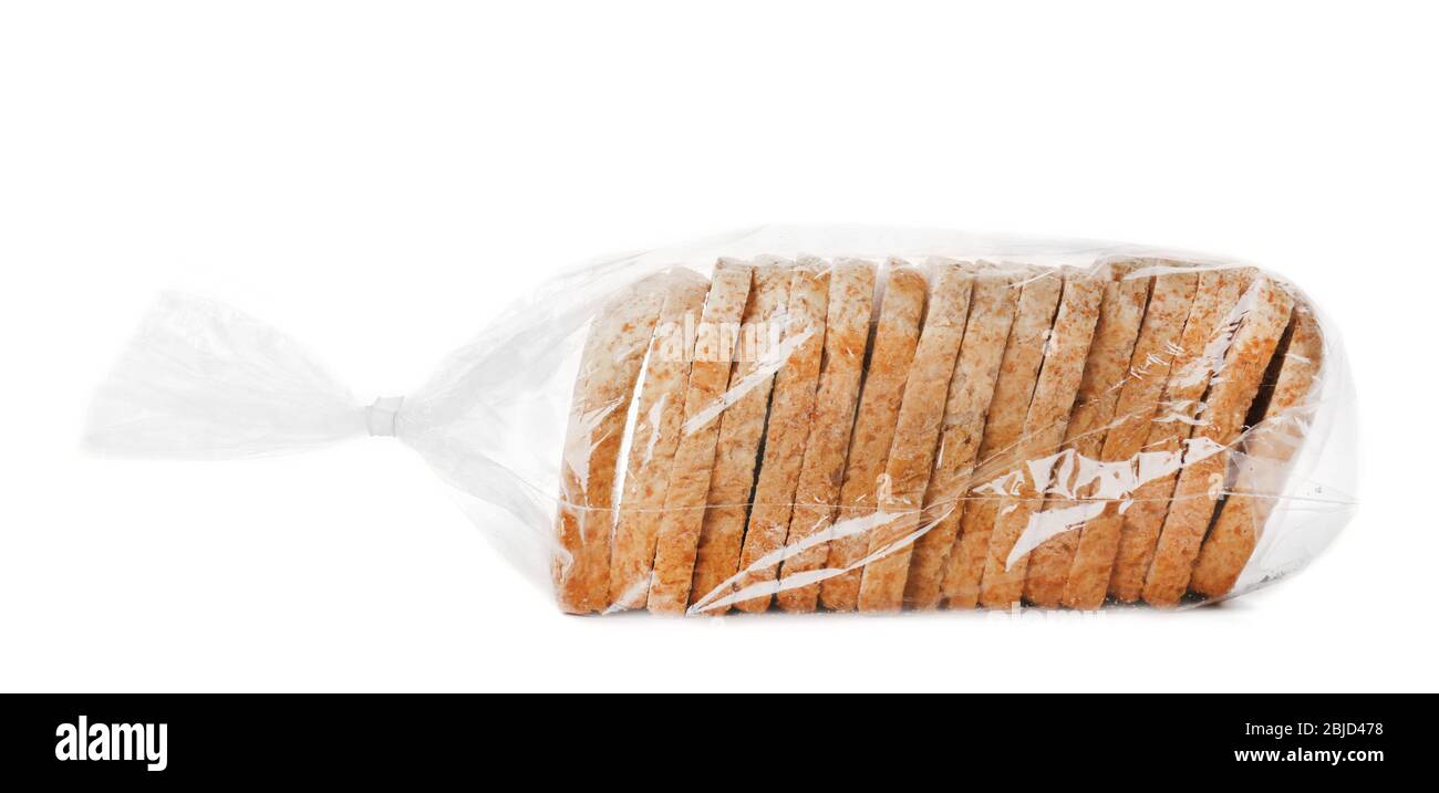 Sliced bread in plastic bag on white background Stock Photo Alamy