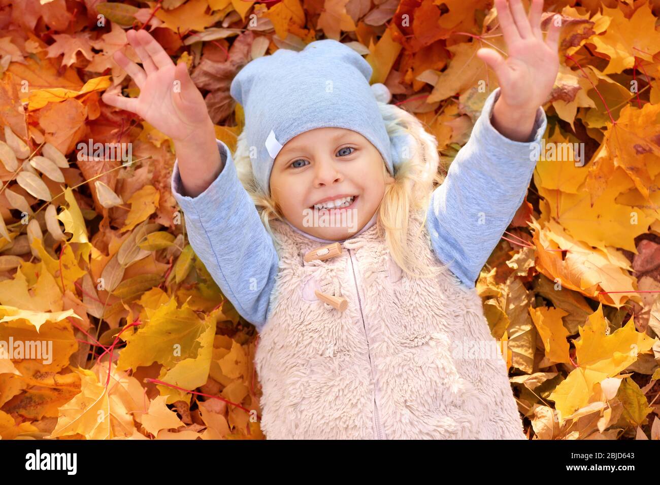 Cute little girl lying on yellow leaves in autumn park Stock Photo - Alamy