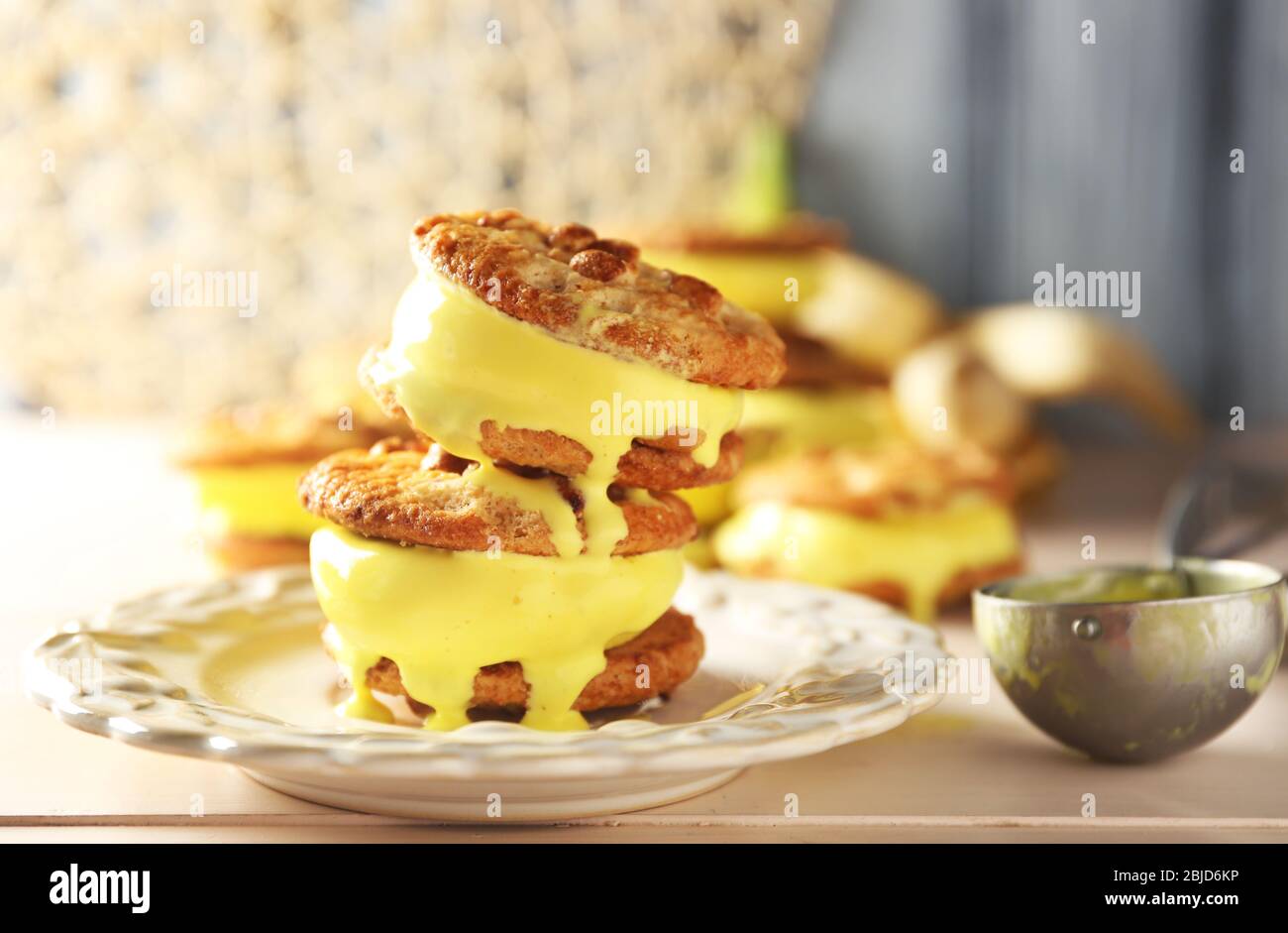 Delicious Lemon Ice Cream Cookie Sandwiches On Kitchen Table Stock Photo Alamy