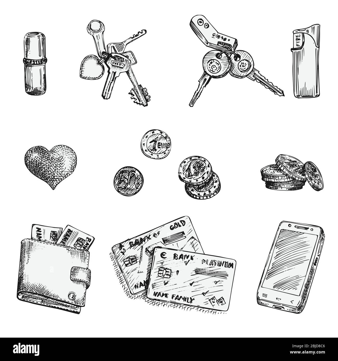 Set of ink sketch finance icons money, coins, wallet, credit cards, heart, keys, lipstick, lighter isolated on white background, Financial markets Stock Vector