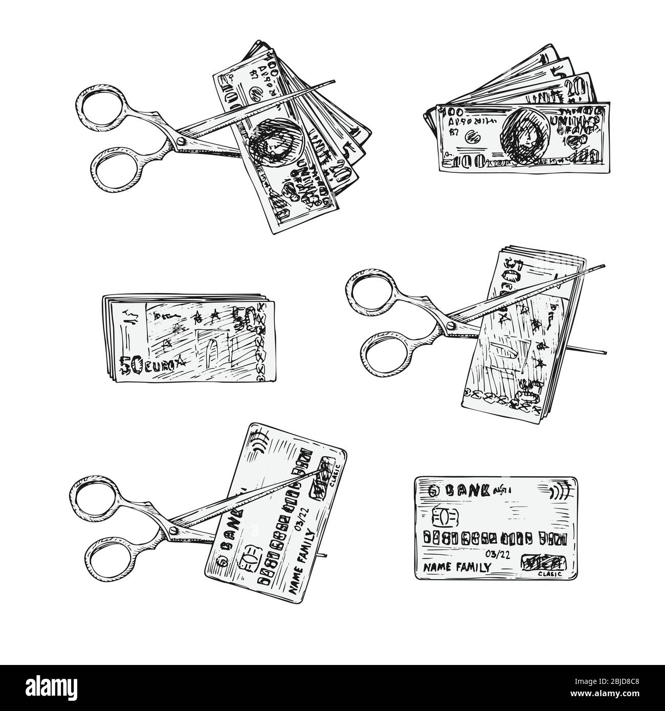 Set of ink sketch finance icons money, credit cards, scissors cut dollars and euro, isolated on white background, Financial markets design concept Stock Vector