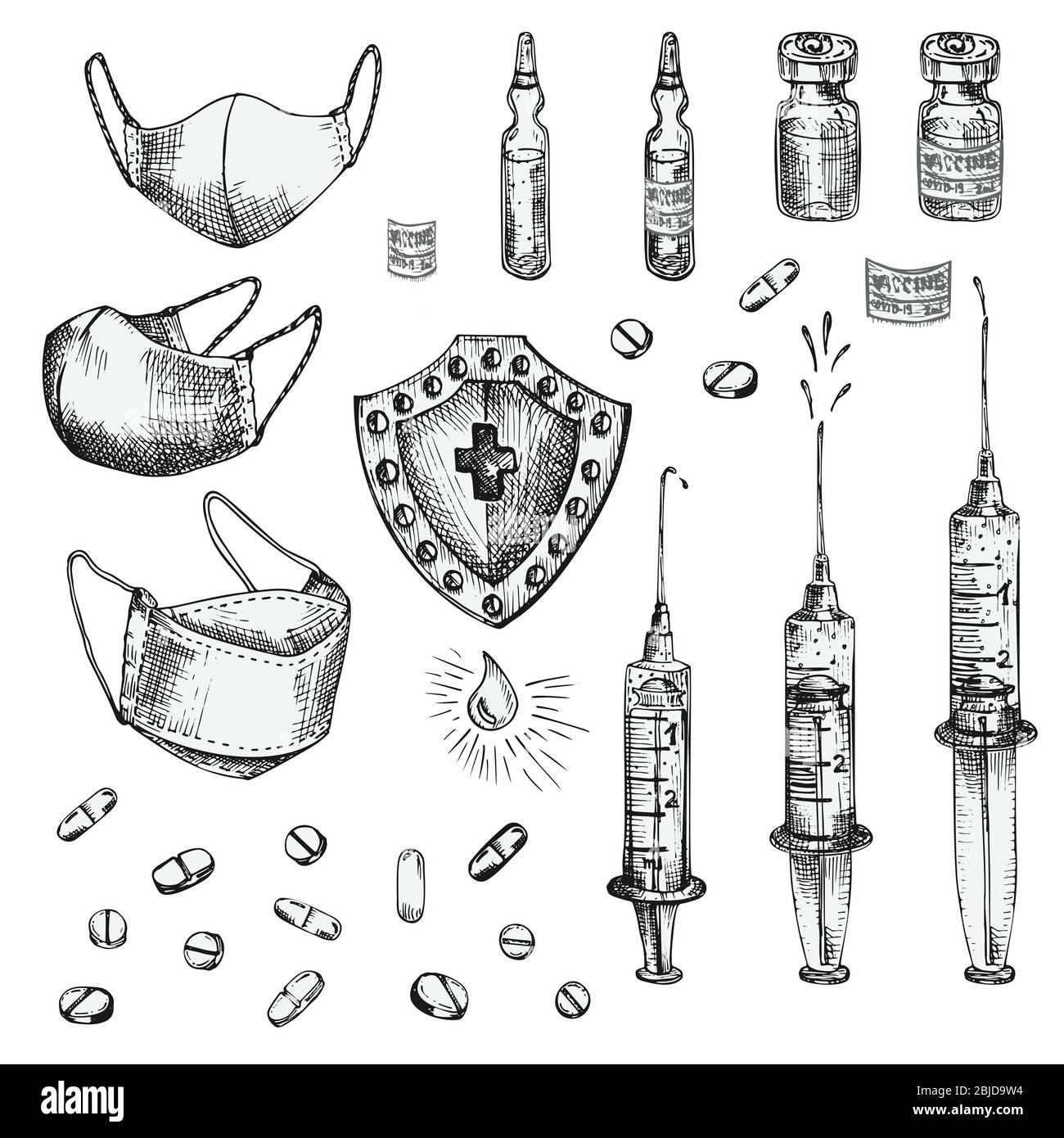 Set of ink sketch medical icon mask, pills, syringes, injections, drugs, thermometer, sanitizer, scissors isolated on white background, Medicine tools Stock Vector