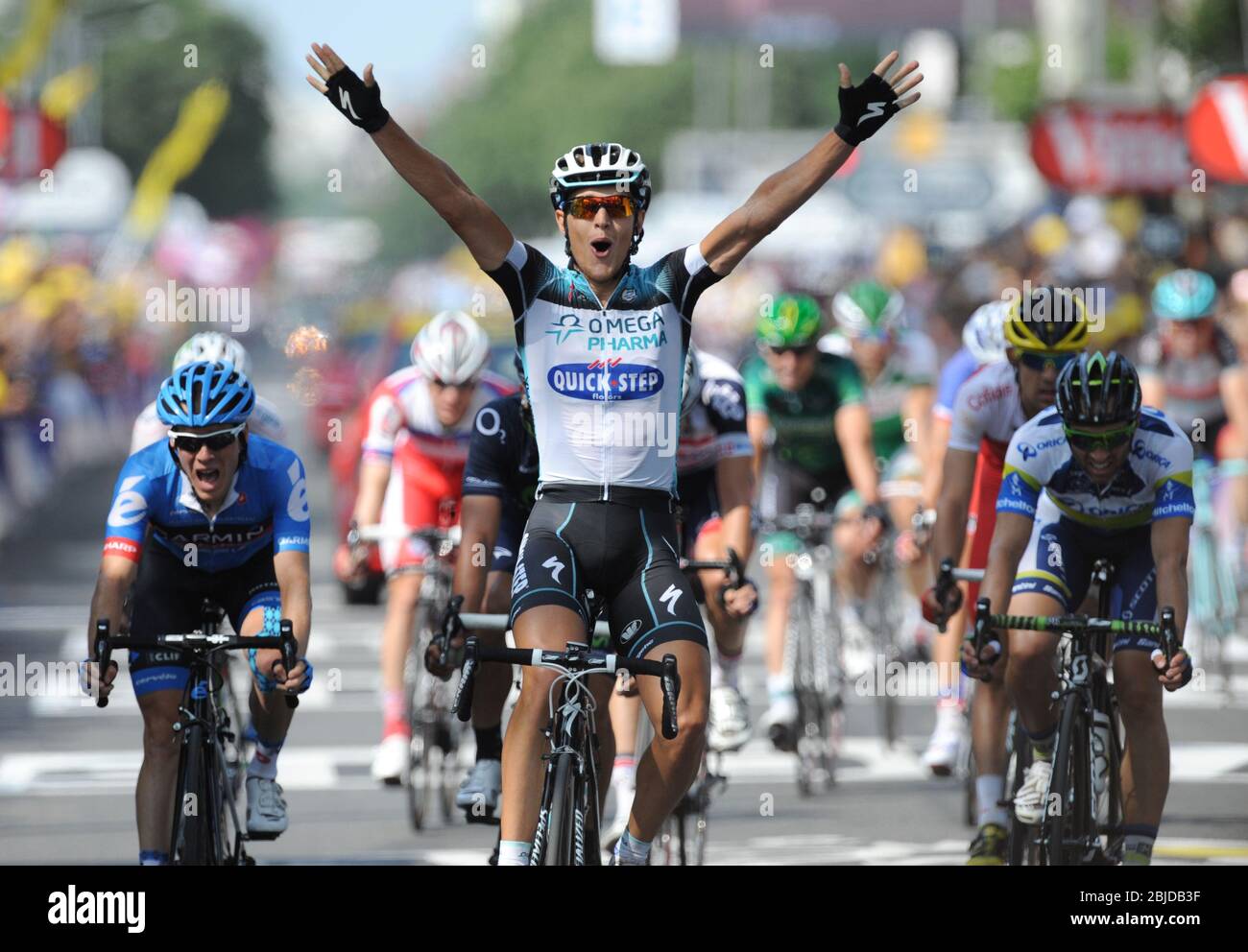 13.07.2013 Lyon, France. Matteo Trentin wins stage 14 of the Tour De France Saint-Pourcain-Sur-Sioule to Lyon. Stock Photo