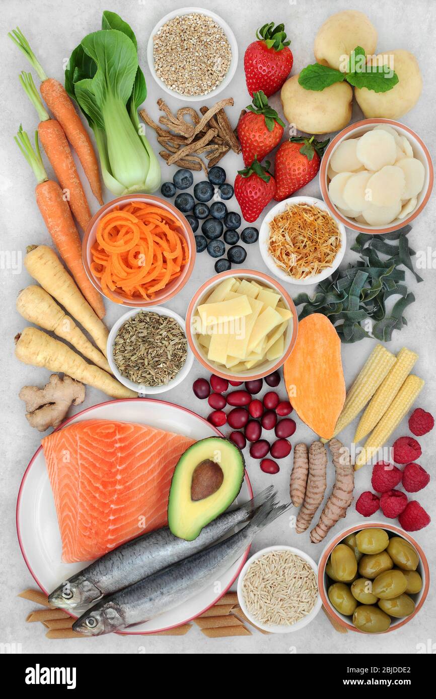 Healthy food and herbs for irritable bowel syndrome. Health food high in antioxidants, protein