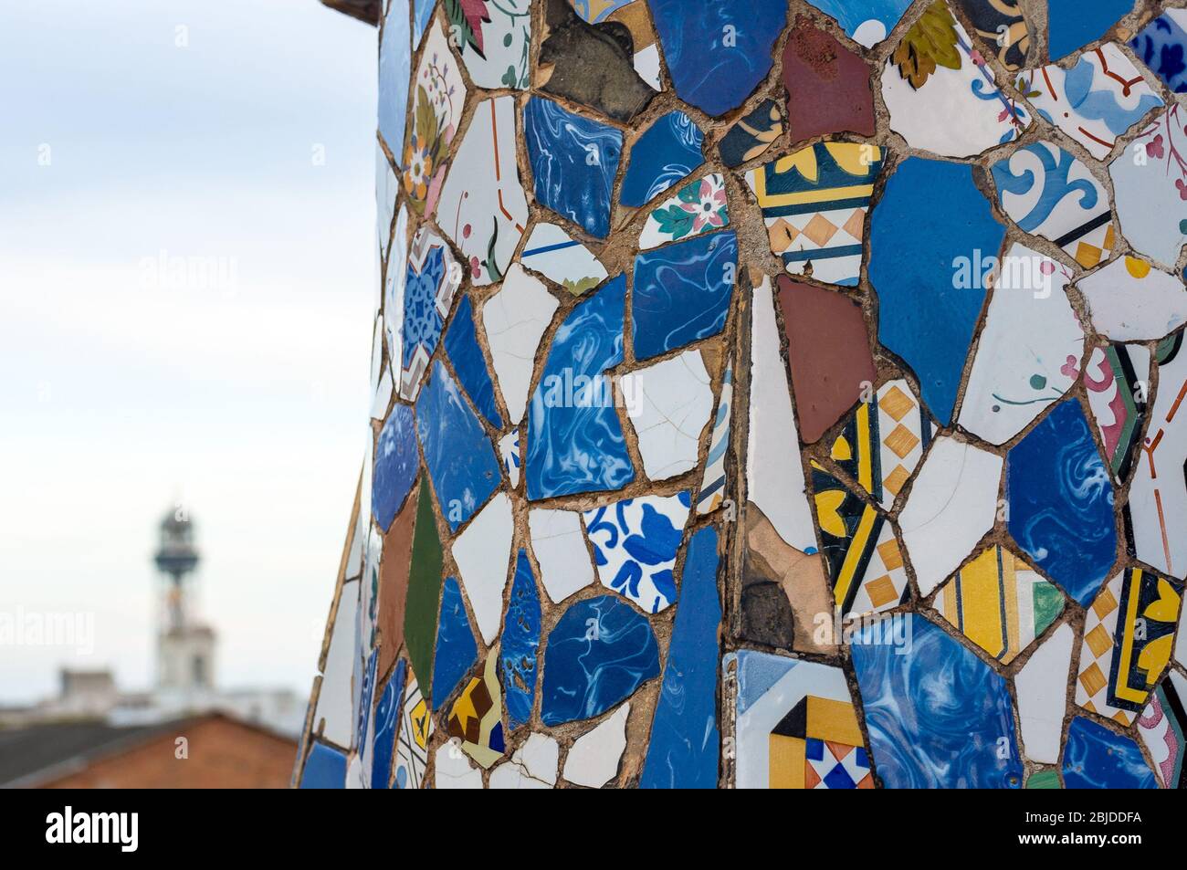 Barcelona, Spain - September 20, 2014: Design of the roof of Palace Guell - Gaudi Chimney: broken tile mosaics and strange decorated chimneys are evid Stock Photo