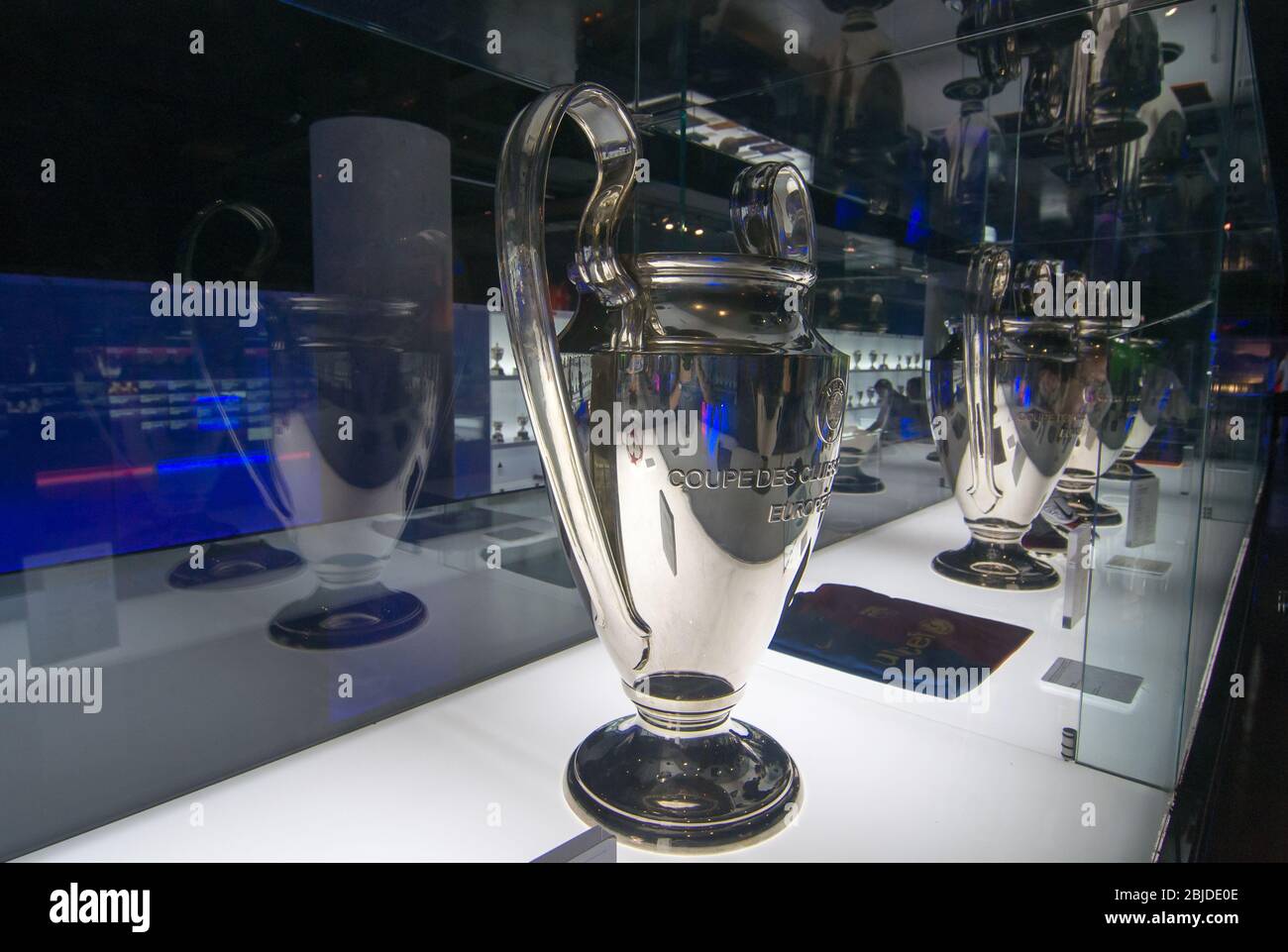 Barcelona, Spain - September 22, 2014: UEFA Champions League Cup in museum. UEFA Cup - trophy awarded annually by UEFA to the football club that wins Stock Photo