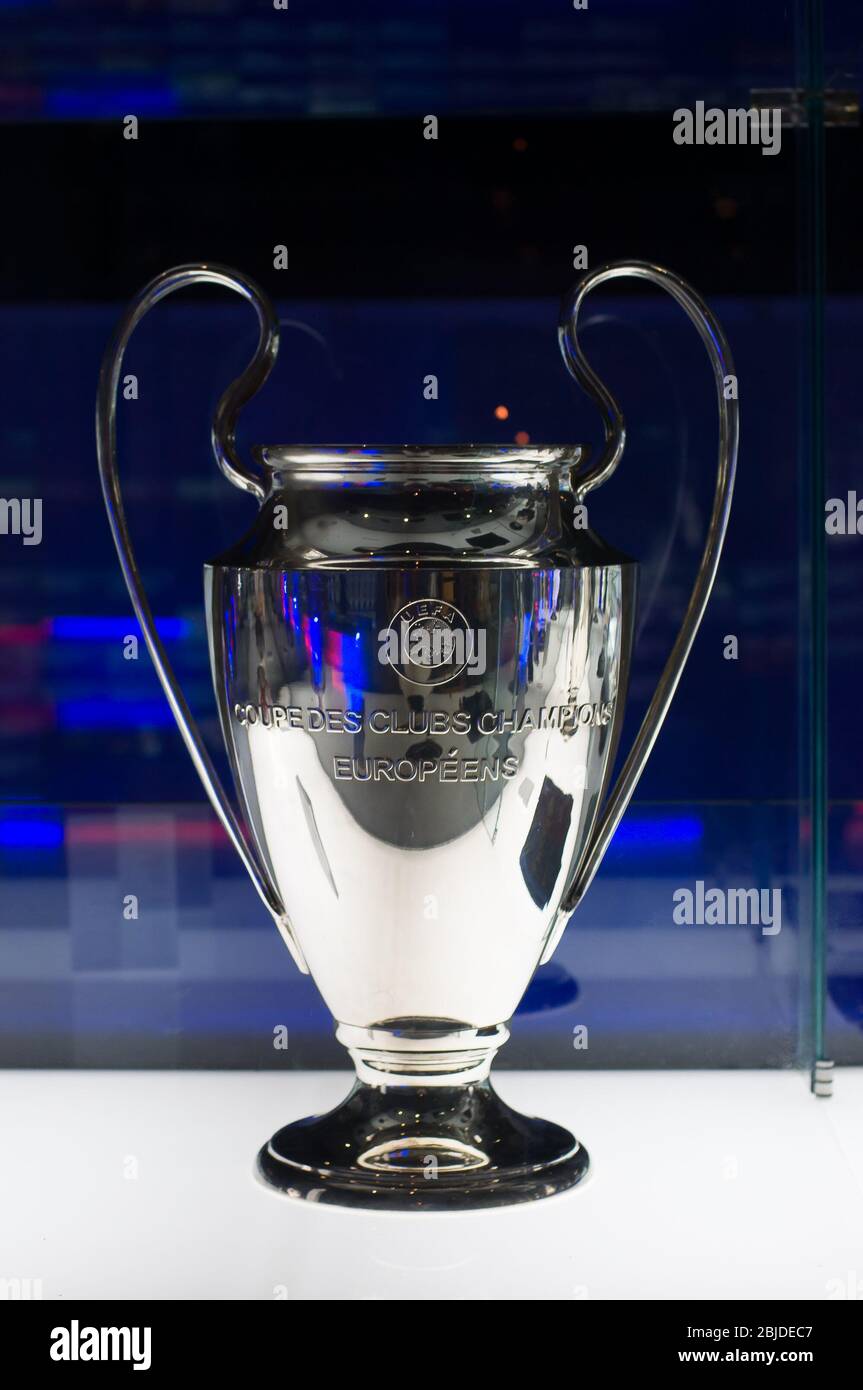 Barcelona, Spain - September 22, 2014: UEFA Champions League Cup in museum. UEFA Cup - trophy awarded annually by UEFA to the football club that wins Stock Photo