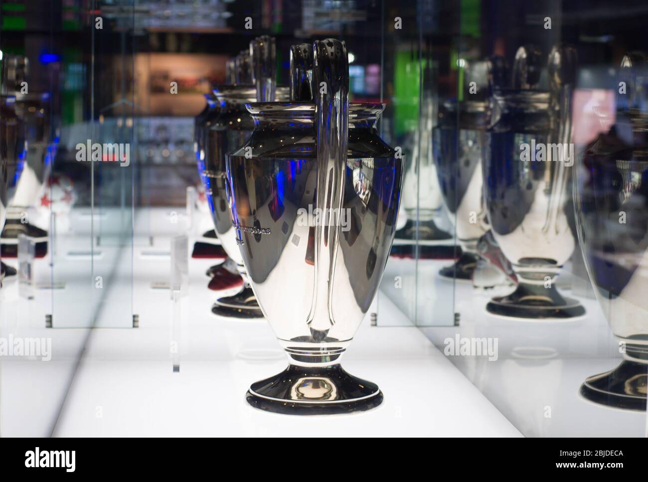 Barcelona, Spain - September 22, 2014: UEFA Champions League Cup in museum. UEFA Cup - trophy awarded annually by UEFA to the football club that wins Stock Photo