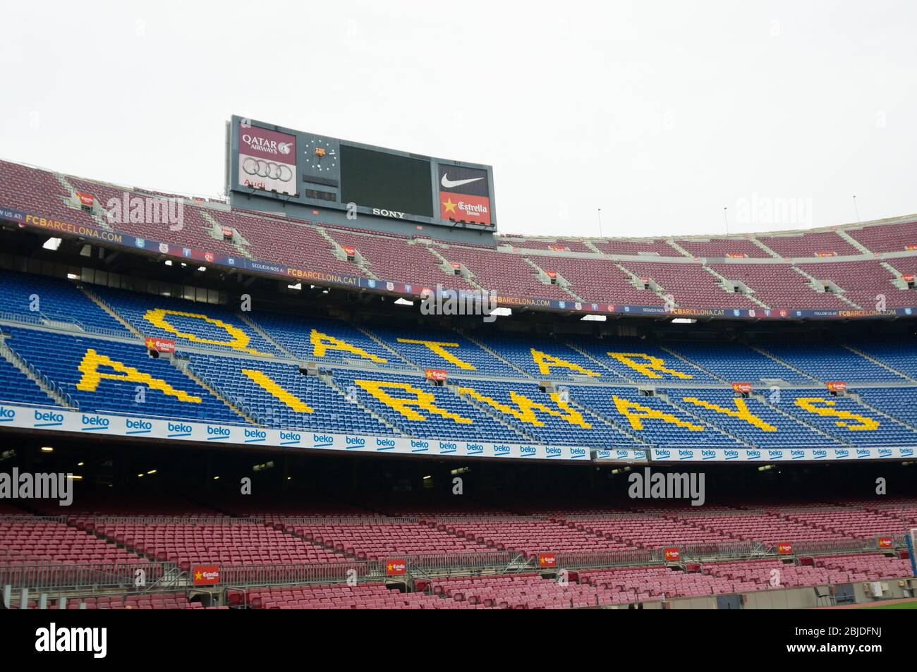 Barcelona, Spain - September 22, 2014: Display and title Qatar Airways on the tribune. Camp Nou, Barcelona, Spain. Stock Photo