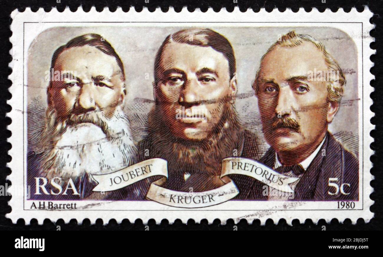 SOUTH AFRICA - CIRCA 1980: a stamp printed in South Africa shows P. J. Joubert, Paul Kruger and M. W. Pretorius, First Leaders of Triumvirate Governme Stock Photo