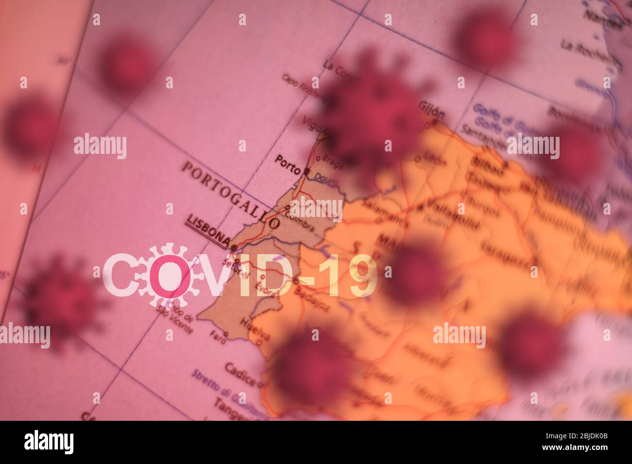 Covid-19 outbreak or new Coronavirus, 2019-nCoV, virus on a map of Portugal. Covid 19-NCP virus: contagion and propagation of disease. Pandemic and vi Stock Photo