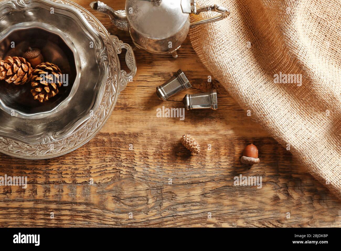 Set of dinnerware on wooden table, top view Stock Photo - Alamy